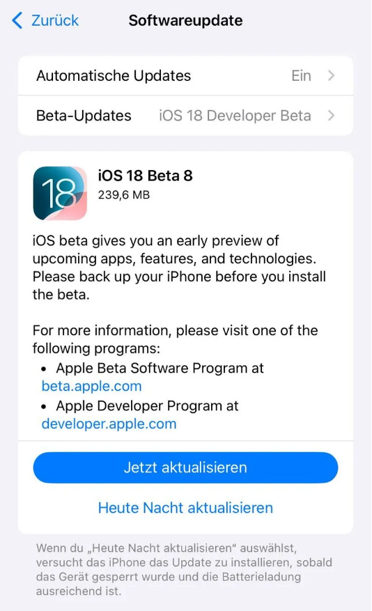 美兰苹果手机维修分享苹果 iOS / iPadOS 18 开发者预览版 Beta 8 发布 